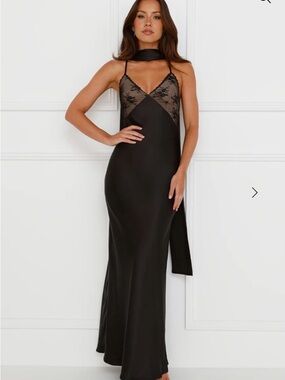 Hello Molly Black Satin Lace-Trim Slip Gown with Scarf Neck